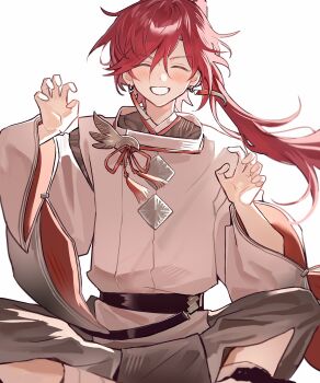 1boy absurdres blush closed_eyes commentary earrings grin hair_between_eyes high_ponytail highres japanese_clothes jewelry kariginu lauren_iroas lauren_iroas_(5th_costume) long_hair male_focus nijisanji paw_pose ponytail red_hair simple_background smile solo symbol-only_commentary tassel tassel_earrings toya07144 virtual_youtuber white_background wide_sleeves