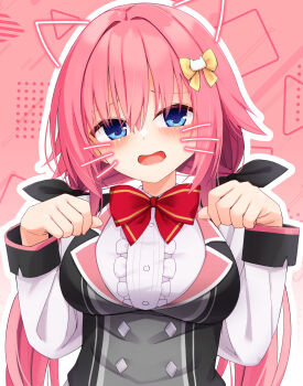 1girl :d black_dress blue_eyes blush bow bowtie breasts buttons cat_hair_ornament center_frills commentary diamond_button double-breasted drawn_ears drawn_whiskers dress eyes_visible_through_hair frilled_shirt frills furrowed_brow hair_between_eyes hair_bow hair_intakes hair_ornament hamidashi_creative hands_up highres large_breasts long_hair long_sleeves low_twintails open_mouth paw_pose pink_background pink_hair red_bow red_bowtie school_uniform shirt shy sidelocks silver116 simple_background sleeveless sleeveless_dress smile solo tokiwa_kano twintails upper_body very_long_hair white_shirt yellow_bow
