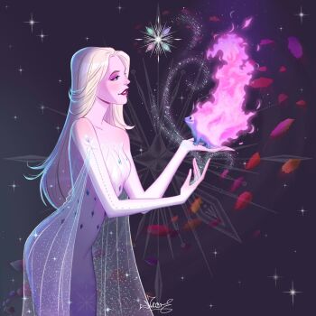 1girl animal artnikita bare_shoulders bruni_(frozen) commentary_request dress elsa_(frozen) eyeshadow frozen_(disney) frozen_ii_(disney) highres holding holding_animal long_hair makeup parted_lips profile purple_eyeshadow purple_lips queen russian_commentary signature smile solo veil