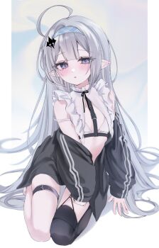 1girl ahoge bare_shoulders bikini black_jacket black_thighhighs blue_hairband blush chedisu commentary female_tyrant_(stella_sora) full_body grey_hair hairband highres jacket long_hair looking_at_viewer open_clothes open_jacket outside_border over-kneehighs parted_lips pillarboxed pointy_ears purple_eyes single_over-kneehigh single_thighhigh sitting sleeveless solo stella_sora strap_slip string_bikini swimsuit symbol-only_commentary thighhighs track_jacket tyrant_(stella_sora) very_long_hair white_bikini