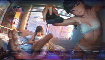 Rule 34 | 2girls, barefoot, bed, bedroom, black hair, bra, breasts, chainsaw man, cleavage, closed mouth, commentary request, controller, cross scar, door, dual persona, feet, highres, holding, holding controller, holding remote control, indoors, long hair, looking at viewer, low twintails, lying, mitaka asa, multiple girls, namako mikan, navel, on back, panties, perspective, red eyes, remote control, revision, scar, scar on face, small breasts, static, toes, training bra, twintails, underwear, underwear only, unworn clothes, vhs artifacts, white bra, white panties, window, window blinds, yoru (chainsaw man)