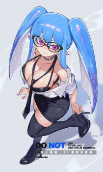 1girl adjusting_clothes adjusting_shoe black-framed_eyewear black_bra black_necktie black_shoes black_skirt black_thighhighs blue_hair bra breasts cleavage closed_mouth collar commentary full_body glasses grey_collar heart heart-shaped_pupils highres inkling inkling_girl inkling_player_character jinkoika large_breasts long_hair looking_at_viewer necktie nintendo open_clothes open_shirt pencil_skirt pink_eyes pointy_ears shirt shoes sidelocks skindentation skirt smile solo spiked_collar spikes splatoon_(series) standing standing_on_one_leg symbol-only_commentary symbol-shaped_pupils tentacle_hair thighhighs twintails underwear white_shirt