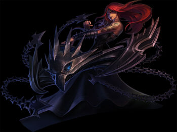 1girl arm_tattoo artist_collaboration black_background black_dress chain dress from_side instrument league_of_legends long_hair looking_at_viewer neck_tattoo official_alternate_costume pentakill_(league_of_legends) pentakill_sona red_hair shoulder_tattoo simple_background solo sona_(league_of_legends) spikes tattoo vegacolors weapon
