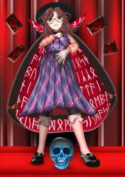 Rule 34 | 1girl, black cape, black hat, black shoes, blush, brown hair, cape, card, crystal skull, from below, glasses, gloves, hat, kams, latex, latex gloves, lips, loafers, looking at viewer, nose blush, plaid clothes, plaid skirt, plaid vest, runes, shirt, shoes, short hair, skirt, socks, touhou, usami sumireko, vest, white gloves