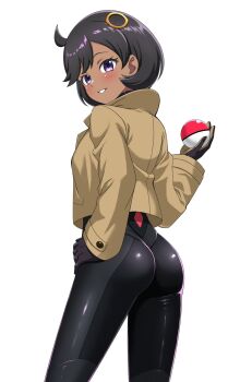 1girl ass black_hair blush bodysuit dark-skinned_female dark_skin emma_(pokemon) from_behind hand_on_own_hip looking_back nintendo paradox_(hatto_air) poke_ball pokemon pokemon_legends:_z-a purple_eyes short_hair teeth white_background