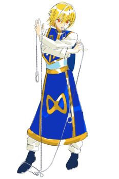 Rule 34 | 1boy, blonde hair, blue tabard, chain, commentary, holding, holding weapon, hunter x hunter, kurapika, long sleeves, male focus, pants, red eyes, sam (kyaptainkiddo), shirt, shoes, short hair, simple background, solo, standing, tabard, weapon, white background, white pants, white shirt, yellow trim