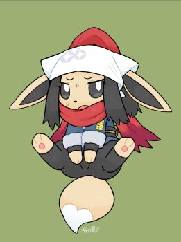 Rule 34 | :o, akari (pokemon), animalization, black eyes, black hair, black leggings, bright pupils, brown fur, clothed pokemon, commentary request, eevee, fluffy, full body, gen 1 pokemon, green background, hanging, headscarf, highres, leggings, looking at viewer, lovewolf5122, neck fur, nintendo, no humans, open mouth, pawpads, pokemon, pokemon (creature), pokemon focus, pokemon legends: arceus, red scarf, scarf, sidelocks, simple background, solo, sweatdrop, white fur, white headscarf, white pupils