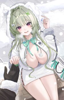 1boy 1girl :d absurdres animal_ears antenna_hair aqua_bow aqua_bowtie black_gloves blush bow bowtie breasts cleavage day fake_animal_ears fur-trimmed_sleeves fur_trim gloves goddess_of_victory:_nikke green_hair hair_bow hetero highres holding_hands hood hood_up hooded_jacket jacket large_breasts long_hair long_sleeves looking_at_viewer miniskirt mole mole_on_breast no_bra open_clothes open_jacket open_mouth outdoors pov purple_eyes rabbit_ears sitting skirt smile snow snowing soda_(nikke) solo_focus sunameri_(pixiv3564245) white_bow white_jacket white_skirt winter