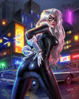 1girl ass black_bodysuit black_cat_(marvel) black_mask bodysuit breasts car city domino_mask douglas_bicalho eye_mask felicia_hardy green_eyes highres large_breasts long_hair looking_at_viewer looking_back marvel mask motor_vehicle outdoors police_car rain signature solo spider-man_(series) standing white_hair