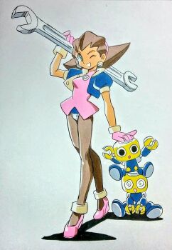 1girl arm_support breasts brown_hair commentary_request cropped_jacket crotch_plate double_sided_wrench dress earrings full_body gloves green_eyes hair_ornament hairband holding holding_wrench jacket jewelry long_hair looking_at_viewer mega_man_(series) mega_man_legends_(series) miyao_gaku one_eye_closed open_mouth pantyhose pink_dress pink_gloves pink_shoes puffy_short_sleeves puffy_sleeves robot servbot_(mega_man) shoes short_sleeves small_breasts smile the_misadventures_of_tron_bonne tools tron_bonne_(mega_man) white_background wrench