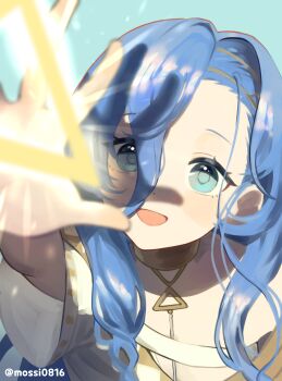 1girl 37_(reverse:1999) :d absurdres ancient_greek_clothes aqua_background arm_up blue_hair blurry blurry_foreground depth_of_field gold_choker greco-roman_clothes hair_between_eyes hand_up highres long_hair looking_at_object mossi_(mossi0816) open_mouth portrait reverse:1999 shadow smile solo toga triangle twitter_username