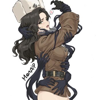 1girl arm_around_waist arm_up ascot belt black_gloves black_hair bottomless breasts breath brown_jacket character_name crying crying_with_eyes_open disembodied_hand from_side fur_hat furrowed_brow gloves green_eyes hand_on_another's_arm hand_on_another's_head hand_on_another's_neck hand_on_another's_stomach hat heart highres holding_another's_wrist jacket jajimalgeol kazakh_text long_hair looking_at_viewer military_uniform moldir_(reverse:1999) out-of-frame_censoring papakha profile reverse:1999 saliva saliva_trail solo speech_bubble spoken_heart streaming_tears tears upper_body white_hat