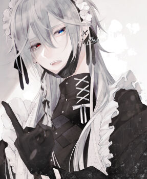 Rule 34 | 1boy, absurdres, apron, artist name, black gloves, black jacket, black mask, black ribbon, blue eyes, braid, collared jacket, commentary, cross piercing, crossdressing, crossdressing (mtf), ear piercing, earrings, eyeshadow, frills, gloves, grey hair, hair between eyes, hair ribbon, heterochromia, highres, jacket, jewelry, light particles, long hair, looking at viewer, maid, maid apron, maid headdress, makeup, male focus, male maid, mask, mask pull, middle finger, mole, mole under each eye, mole under eye, mouth mask, multiple moles, open mouth, original, piercing, puffy sleeves, red eyes, ribbon, shaded face, side braid, solo, stud earrings, teeth, upper body, upper teeth only, white background, white headdress, wu (user sevs2252)