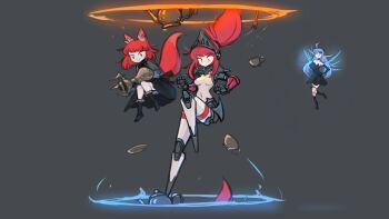 3girls android animal_ears black_dress black_socks blue_hair breasts closed_mouth completely_nude cup deformed dress fairy fairy_wings falling flying fork fox_ears fox_girl fox_tail full_body highres joints mechanical_arms mechanical_legs medium_breasts medium_hair midair multiple_girls navel no_feet nradiowave nude original parted_lips ponytail portal_(object) red_hair robot_joints simple_background size_difference smug socks tail tall_female teapot teleporter visor_(armor) wings