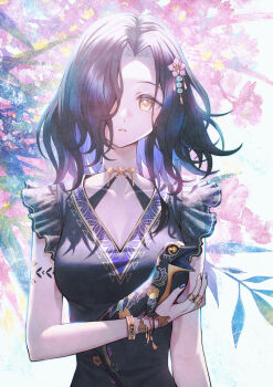 1girl absurdres animal_on_arm arm_tattoo black_dress black_hair black_nails bracelet breasts cleavage day dress fantasy hair_ornament hair_over_one_eye highres jewelry lizard long_neck looking_at_viewer mole mole_under_eye multiple_rings original outdoors ring sho_(sumika) tattoo upper_body yellow_eyes