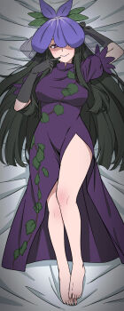1girl barefoot black_gloves black_hair breasts commentary_request dress elbow_gloves finger_to_mouth gloves highres leaf_print long_hair looking_at_viewer looking_up lying maita pointing pointing_at_self print_dress purple_dress purple_eyes purple_lips solo thighs touhou unfinished veil yomotsu_hisami