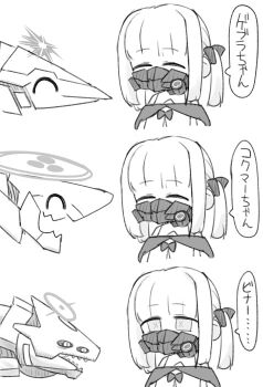 1girl :d ^_^ binah_(blue_archive) blue_archive chibi closed_eyes ein_(blue_archive) greyscale halo mask miranofuudoria monochrome open_mouth respirator robot simple_background smile symbol-shaped_pupils translation_request twintails upper_body white_background x-shaped_pupils