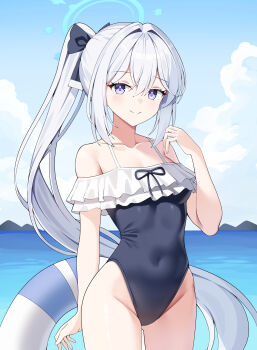 1girl absurdres arm_up bare_shoulders blue_archive blue_halo blue_one-piece_swimsuit bow breasts clothing_cutout collarbone frilled_one-piece_swimsuit frills groin hair_bow hair_intakes halo high_ponytail highleg highleg_one-piece_swimsuit highres lifebuoy medium_breasts miyako_(blue_archive) miyako_(swimsuit)_(blue_archive) navel_cutout ocean one-piece_swimsuit outdoors ponytail purple_eyes sob_(submar1089) solo swim_ring swimsuit thighs white_hair