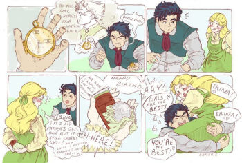 1boy 1girl ass blonde_hair blue_hair blush carrying carrying_person chocolate couple embarrassed english_text erina_pendleton happy heart huge_ass jojo_no_kimyou_na_bouken jonathan_joestar lifting_person phantom_blood smile speech_bubble watch
