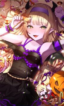 1girl armlet azbar_(dragon_quest) bat_wings belt black_dress black_horns blonde_hair blunt_bangs bow breasts candy candy_cane checkerboard_cookie chocolate chocolate_bar cleavage commentary_request cookie demon_girl donut dragon_quest dragon_quest_x dress dress_bow fake_wings fang food frills gingerbread_cookie gold_belt hairband halloween heart highres holding holding_candy holding_food holding_lollipop horns jack-o'-lantern jewelry lollipop long_hair looking_at_viewer lying nikon_(user_aznh7528) on_back pointy_ears purple_bow purple_hairband purple_trim rinverry skin_fang slime_(dragon_quest) small_breasts solo stuffed_toy wings wrapped_candy yellow_eyes