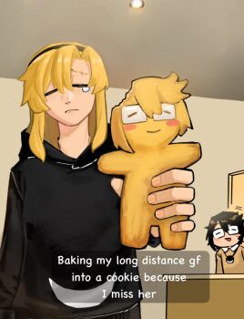 2girls baking_my_long_distance_bf_into_a_cookie_because_i_miss_him_(meme) black_hair black_hoodie blonde_hair blush brown_sweater closed_eyes cookie door english_text food gingerbread_cookie glasses gmeg011 hood hoodie koishikawa_iko long_hair meme momijiyama_teru multiple_girls scar_across_eyebrow scar_on_face shirt short_hair shy_(series) sweater tearing_up