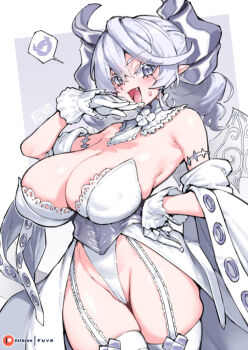 1girl armor armored_dress bare_shoulders blush breasts cleavage commentary demon_girl demon_horns detached_collar dress drill_hair duel_monster english_commentary fang fuya_(tempupupu) gloves grey_eyes grey_hair horns large_breasts looking_at_viewer lovely_labrynth_of_the_silver_castle medium_hair open_mouth plackart pointy_ears smile solo twin_drills white_dress white_gloves wrist_cuffs yu-gi-oh! yu-gi-oh!_master_duel