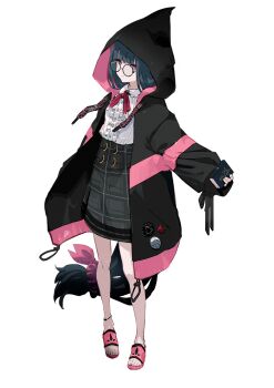 Rule 34 | 1girl, anklet, bad source, bare legs, barefoot, black hair, blunt bangs, book, frills, full body, glasses, hand in pocket, hand up, high-waist skirt, highres, holding, holding book, hood, hood up, hoodie, jewelry, long hair, low-tied long hair, monark, neck ribbon, official art, pigeon-toed, pink eyes, pocketbook, ribbon, round eyewear, sandals, sideways glance, simple background, skirt, sleeves past fingers, sleeves past wrists, slides, so-bin, standing, strap, surugadai kokoro, transparent background, very long hair