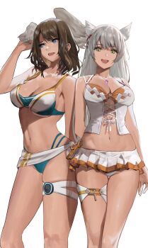 2girls animal_ears bikini blue_eyes breast_tattoo breasts brown_hair cat_ears cat_girl choker cleavage eunie_(xenoblade) head_wings highres j@ck large_breasts long_hair looking_at_viewer medium_hair mio_(xenoblade) multiple_girls smile swimsuit tattoo white_wings wings xenoblade_chronicles_(series) xenoblade_chronicles_3
