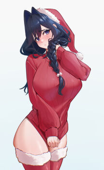 1girl blue_eyes blue_hair blush braid braided_ponytail breasts commentary eipanguino english_commentary fur-trimmed_headwear fur-trimmed_thighhighs fur_trim hair_over_shoulder hat highres hololive hololive_english large_breasts looking_at_viewer open_mouth ouro_kronii red_hat red_sweater red_thighhighs santa_costume santa_hat solo sweater thighhighs virtual_youtuber white_background