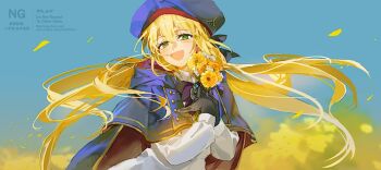 1girl artoria_caster_(fate) artoria_caster_(second_ascension)_(fate) artoria_pendragon_(fate) beret black_bow black_gloves black_ribbon blue_cape blue_capelet blue_cloak blue_hat blue_sky blurry bow cape capelet chest_bow cloak commentary depth_of_field dress fate/grand_order fate_(series) flower gloves green_eyes hair_ribbon hat holding holding_flower hood hooded_cape long_sleeves looking_at_viewer low_twintails multicolored_cape multicolored_cloak open_mouth ribbon sidelocks sky smile solo ss_un17 symbol-only_commentary twintails watermark white_dress yellow_flower