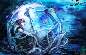 1girl armlet artist_name black_dress blue_eyes bracelet braid bubble commentary_request coral coral_reef dated dress earrings fish frilled_dress frills holding holding_staff hood hood_down hooded_dress hydrokinesis in_bubble jewelry long_hair mage_staff magic ocean original ponytail ponytail_with_braided_base reclining single_earring sleeveless sleeveless_dress smile solo staff sushi_(sashimise) twitter_username underwater very_long_hair water wizard