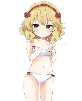 ... 1girl :/ bee_hair_ornament blonde_hair blush bow bow_bra bow_panties bra collarbone cowboy_shot dot_nose double-parted_bangs embarrassed expressionless green_eyes hair_bow hairband hand_up highres idolmaster idolmaster_cinderella_girls looking_to_the_side navel own_hands_together panties red_bow red_hairband remiri_nicoeli sakurai_momoka short_hair sidelocks simple_background solo spoken_ellipsis standing sweat thighs underwear underwear_only white_background white_bra white_panties