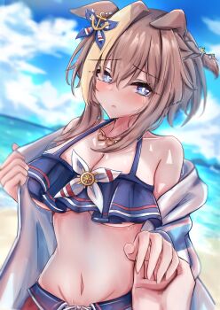 1girl 1other absurdres animal_ears bare_shoulders beach bikini blue_bikini blue_eyes blue_sky blush breasts brown_hair cdsola cheval_grand_(summer_calm_navy_drop)_(umamusume) cheval_grand_(umamusume) cleavage closed_mouth cloud collarbone commentary_request hair_between_eyes highres holding_hands horse_ears horse_girl jacket jewelry large_breasts looking_at_viewer multicolored_hair navel necklace ocean official_alternate_costume official_alternate_hairstyle outdoors sky solo_focus stomach streaked_hair swimsuit umamusume water white_streaks