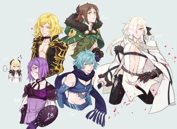 ... 6+boys androgynous blonde_hair braid braided_bangs cape center_opening drag-on_dragoon drag-on_dragoon_3 five_(drag-on_dragoon) flower flower_eyepatch flower_over_eye four_(drag-on_dragoon) full_body fur_trim genderswap genderswap_(ftm) green_background looking_at_viewer male_focus mole mole_under_eye multiple_boys muscular navel one_(drag-on_dragoon) prosthesis purple_hair red_eyes scarf shield shinzui_(fantasysky7) simple_background single_braid three_(drag-on_dragoon) two_(drag-on_dragoon) upper_body white_hair zero_(drag-on_dragoon)