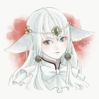 1girl animal_ears blush brooch chiori_n circlet commentary_request dress green_eyes hair_ornament highres jewelry light_smile long_hair looking_at_viewer original solo upper_body white_dress white_hair