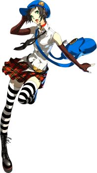 1girl bag black_hair black_necktie collar elbow_gloves fingerless_gloves full_body gloves green_eyes hat highres marie_(persona_4) necktie newsboy_cap official_art persona persona_4 persona_4:_the_ultimate_in_mayonaka_arena persona_4:_the_ultimax_ultra_suplex_hold persona_4_the_golden plaid_clothes plaid_skirt short_hair shoulder_bag skirt soejima_shigenori striped_clothes striped_thighhighs thighhighs third-party_source transparent_background