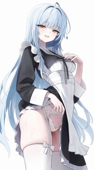 Rule 34 | 1girl, absurdres, ahoge, apron, biryu soso, black shirt, black skirt, breasts, clothes lift, commission, cowboy shot, crop top, garter belt, highres, lace trim, lifting own clothes, long hair, long sleeves, looking at viewer, maid, maid apron, medium breasts, open mouth, orange eyes, original, panties, raku (inthenaraka), ribbon, second-party source, shirt, simple background, skindentation, skirt, skirt lift, smile, solo, standing, sweat, thighhighs, thighs, underwear, very long hair, white background, white hair, white panties, white ribbon, white thighhighs