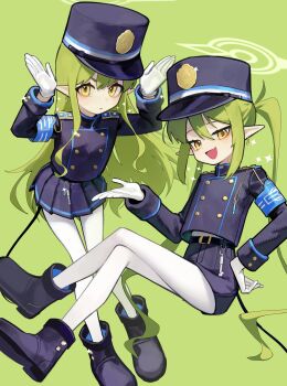 Rule 34 | 2girls, absurdres, armband, arms up, black tail, blue archive, blue armband, buttons, closed mouth, demon tail, double-breasted, fang, gloves, green background, green hair, green halo, halo, hat, highres, hikari (blue archive), long hair, long sleeves, looking at viewer, monochrome background, multiple girls, nozomi (blue archive), open mouth, pantyhose, pointy ears, siblings, skin fang, skirt, solo, sparkle, tail, train conductor, twins, twintails, very long hair, white gloves, white pantyhose, yellow eyes, yoon cook