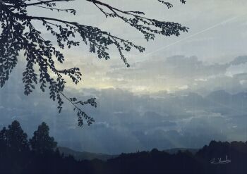 alu.m_(alpcmas) branch commentary_request contrail day forest grey_sky nature no_humans original outdoors overcast rain scenery signature sky tree watermark