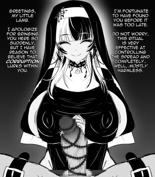 1boy 1girl absurdres black_hair breasts censored completely_nude cross english_text false_smile femdom grin hair_ornament hetero highres holoadvent hololive hololive_english imminent_penetration jewelry large_breasts large_penis lying monochrome multicolored_hair necklace nipples nude nun own_hands_clasped penis pov restrained rosary_beads ryusuke_kh shiori_novella sketch smile two-tone_hair veins veiny_penis virtual_youtuber white_hair