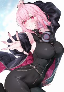 1girl absurdres arm_up black_bodysuit black_jacket blunt_bangs bodysuit breasts commentary covered_navel english_commentary grin headphones headphones_around_neck highres hololive hololive_english jacket kamiya_maneki large_breasts looking_at_viewer mori_calliope mori_calliope_(the_story_thus_far) official_alternate_costume official_alternate_hairstyle outstretched_arm pink_eyes pink_hair pink_jacket quilted_jacket short_hair sidelocks simple_background smile solo two-sided_fabric two-sided_jacket virtual_youtuber white_background