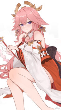 1girl absurdres animal_ears closed_mouth commentary_request detached_sleeves feet_out_of_frame fox_ears fox_girl genshin_impact hair_between_eyes hair_ornament highres holding hui_yu_yu_yu_ye long_hair long_sleeves looking_at_viewer nontraditional_miko pink_hair purple_eyes simple_background smile solo white_background yae_miko