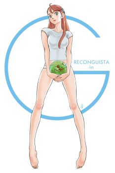 Rule 34 | 1girl, ahoge, aida rayhunton, aobito sukoyaka bystander, barefoot, breasts, closed mouth, collarbone, commentary request, copyright name, eyelashes, fish, green eyes, gundam, gundam g no reconguista, highres, large breasts, long hair, orange hair, panties, pink lips, shirt, smile, solo, underwear, white background, white panties, white shirt