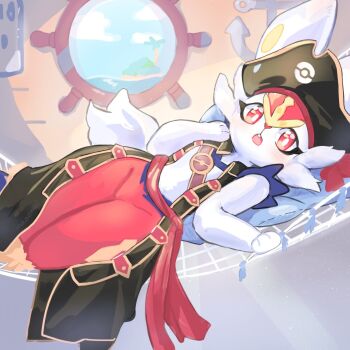 black_hat cinderace cinderace_(captain) clothed_pokemon gen_8_pokemon hat highres indoors long_sleeves looking_at_viewer maaomei nintendo official_alternate_costume on_hammock pirate pokemon pokemon_(creature) pokemon_unite red_eyes red_fur solo white_fur