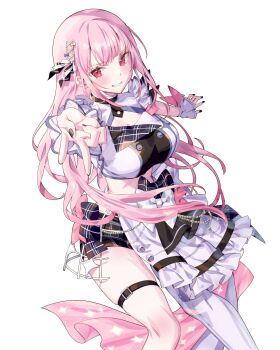 1girl absurdres black_nails black_shorts blunt_bangs bow breasts buttons cleavage_cutout clothing_cutout cropped_jacket double-breasted frilled_skirt frills hair_ornament hair_ribbon hairclip half-skirt highres hololive hololive_english hololive_idol_uniform_(bright) jacket kamiya_maneki long_hair looking_at_viewer midriff mori_calliope nail_polish official_alternate_costume pantyhose pink_hair plaid_clothes plaid_shorts red_eyes ribbon short_shorts shorts shorts_under_skirt sidelocks simple_background single_leg_pantyhose single_sleeve skirt smile solo thigh_strap v virtual_youtuber white_jacket white_pantyhose white_skirt