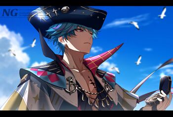 1boy blue_hair brant_(wuthering_waves) closed_mouth collarbone commentary earrings english_commentary hat highres holding_compass jewelry letterboxed looking_ahead male_focus multicolored_hair open_clothes open_shirt pink_eyes sae_naiyatsu short_hair solo streaked_hair tacet_mark_(wuthering_waves) tricorne watermark wuthering_waves
