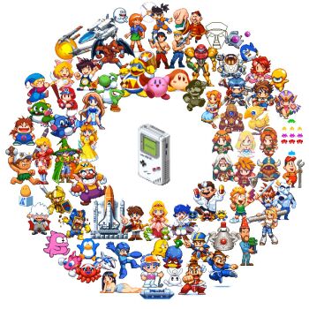 6+boys 6+girls adventure_island anniversary arm_can bird black_hair blonde_hair blue_hair bob_(bubble_bobble) brown_hair bub_(bubble_bobble) bubble_bobble cape castlevania_(series) character_request chocobo contra copyright_request crown demon&#039;s_crest dinosaur dr._mario dr._mario_(game) dragon_quest dress final_fantasy game_boy game_boy_(original) glass gun handheld_game_console hat highres horns joint kid_dracula kid_dracula_(game) king_dedede kirby kirby_(series) long_hair looking_at_another looking_at_viewer malone marin_(zelda) mario mario_(series) mega_man_(character) mega_man_(series) metroid metroid_2:_return_of_samus monster multiple_boys multiple_girls nintendo orange_dress orange_hair penguin pixelflag power_suit_(metroid) princess_daisy red_arremer red_hair robot samus_aran skirt space_invaders spacecraft super_mario_land the_legend_of_zelda the_legend_of_zelda:_link&#039;s_awakening varia_suit virus_(dr._mario) waddle_dee wario wario_land weapon yoshi