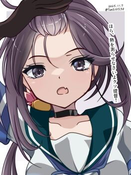 1girl akebono_(kancolle) akebono_kai_ni_(kancolle) black_choker black_gloves blue_neckerchief blue_sailor_collar choker commentary_request dated gloves grey_hair hand_on_own_head highres kantai_collection neckerchief one-hour_drawing_challenge purple_eyes sailor_collar sailor_shirt school_uniform serafuku shirt side_ponytail solo toms translation_request twitter_username upper_body white_shirt