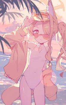 1girl above-cleavage_cutout absurdres adjusting_clothes adjusting_headwear animal_ear_fluff animal_ears bare_shoulders beach bilibalakonglijiwa blonde_hair blue_archive clothing_cutout commentary cowboy_shot diamond_cutout english_commentary fox_ears fox_girl gradient_eyes hair_over_one_eye halo highleg highleg_one-piece_swimsuit highres jacket jacket_partially_removed lens_flare long_hair looking_at_viewer mixed-language_commentary multicolored_eyes ocean official_alternate_costume official_alternate_hairstyle one-piece_swimsuit orange-tinted_eyewear orange_sky outdoors palm_leaf purple_eyes seia_(blue_archive) seia_(swimsuit)_(blue_archive) side_ponytail sky solo sunglasses sunset swimsuit tail tinted_eyewear visor_cap white_one-piece_swimsuit yellow_eyes yellow_halo yellow_jacket yellow_visor