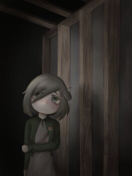 Rule 34 | 1girl, bags under eyes, black ribbon, brown bag, closed mouth, fanny pack, green eyes, green jacket, grey hair, grey shirt, hair over one eye, indoors, jacket, mentha (menthalovely), mint (menthalovely), original, ribbon, shirt, short hair, solo, triangle nose, wavy mouth